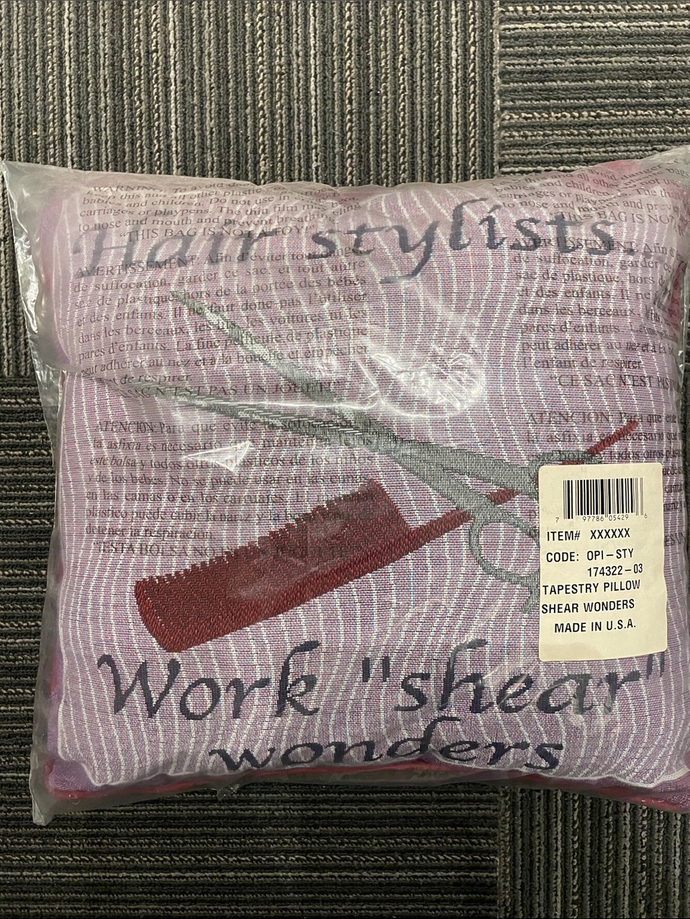 18" vintage Tapestry 'Work Shear Wonders' Throw Pillow - Hairdressing Theme